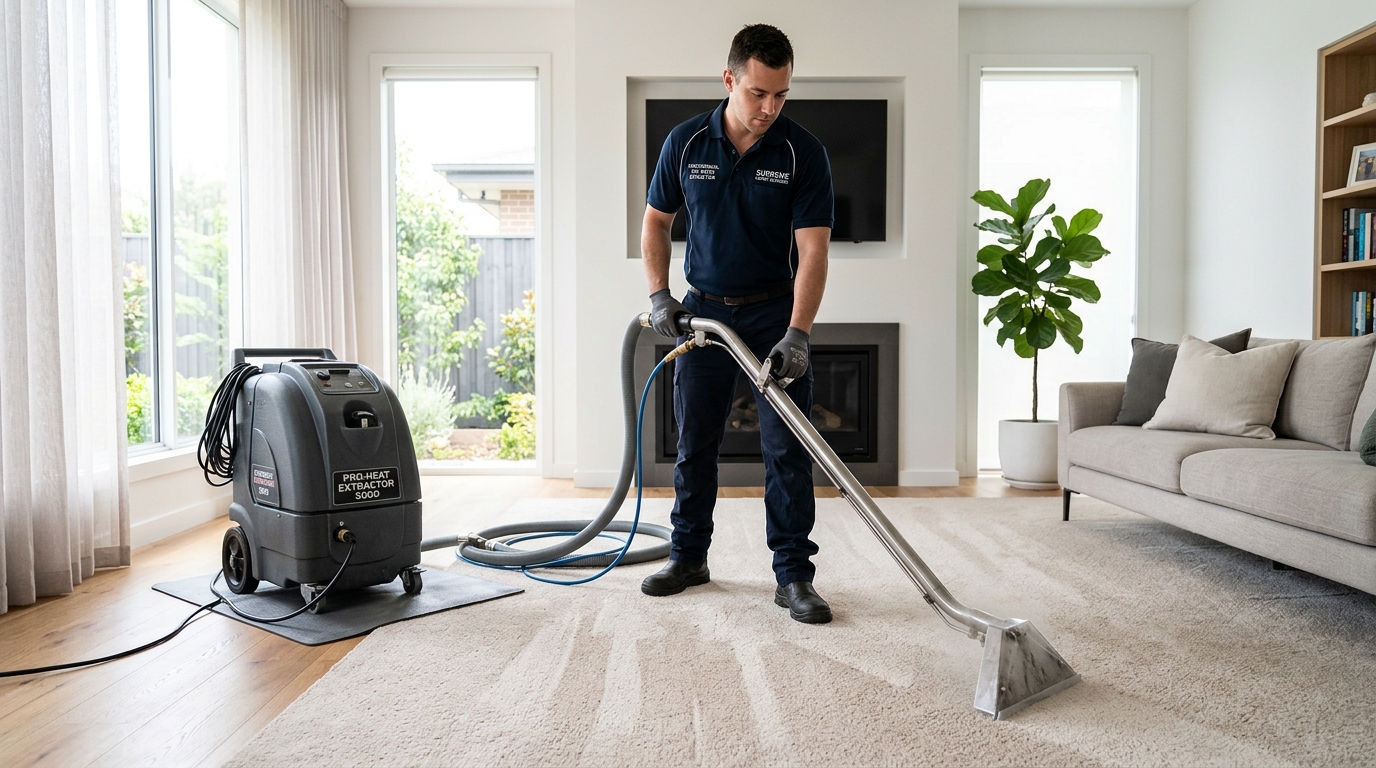 Yellowthroat Mr Carpet Cleaners technician performing deep hot water steam carpet cleaning in a modern New York residence
