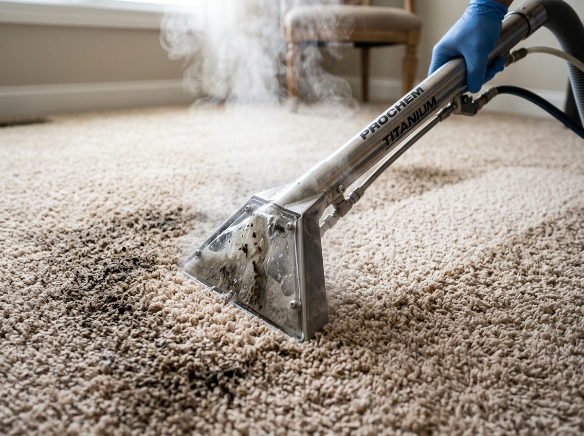 Hot water extraction steam carpet cleaning wand in action on plush carpet